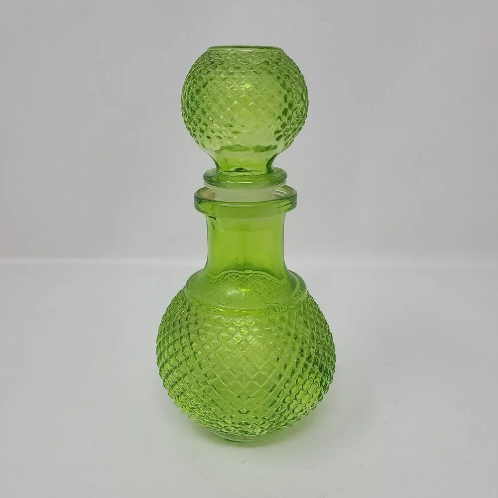 Vintage MCM Green Glass Genie Bottle Decanter Diamond Cut Textured 1970s